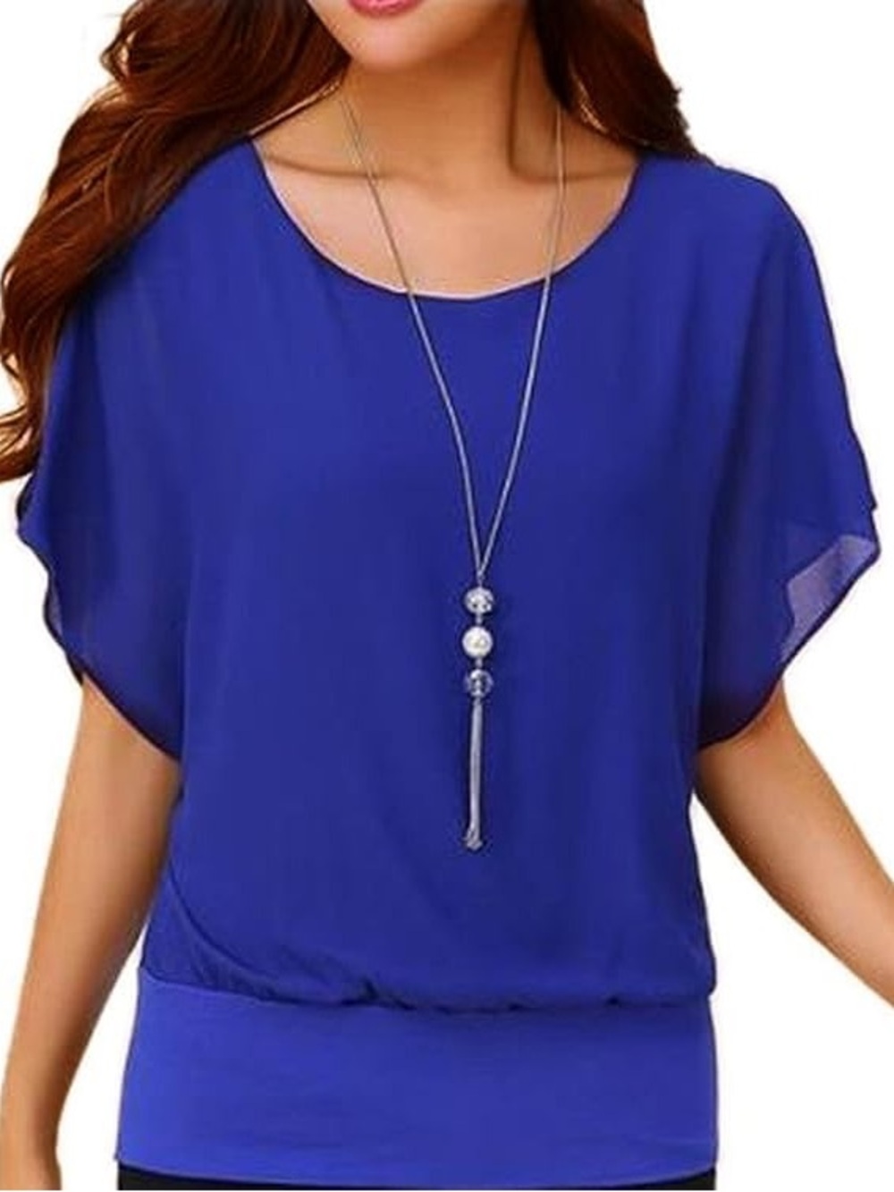 Women's Double-Layered Chiffon Blouse, Blue Short-Sleeve